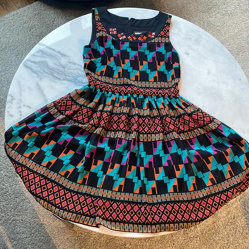 Miss Sixty Black Mini Dress with Teal, Orange, and Purple Geometric Print